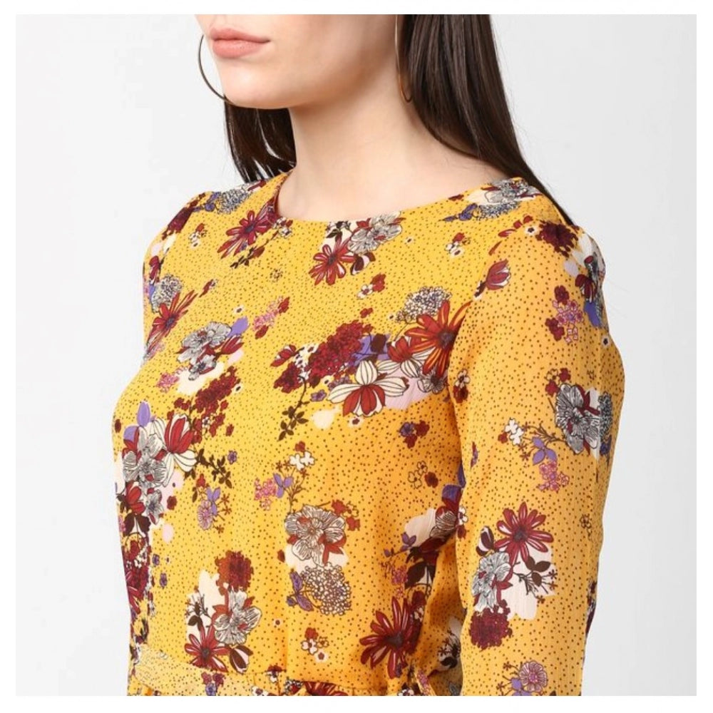 Women'S Polyester Floral Long Sleeves Calf-Length Dress (Yello
