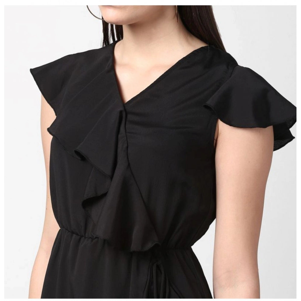 Women'S Polyester Ruffled Cap Sleeve Knee-Length Dress (Black)