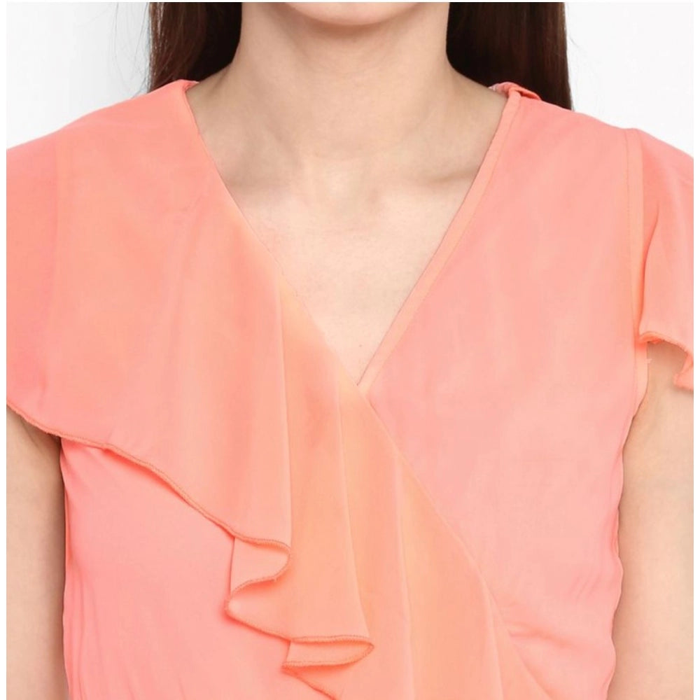 Women'S Polyester Ruffled Cap Sleeve Below Knee Dress (Neon Pi