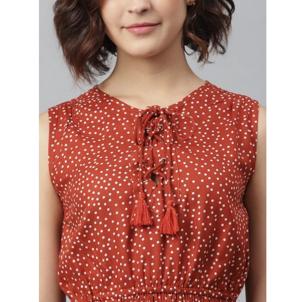 Women'S Rayon Polka Sleeveless Above Knee Dress (Rust)