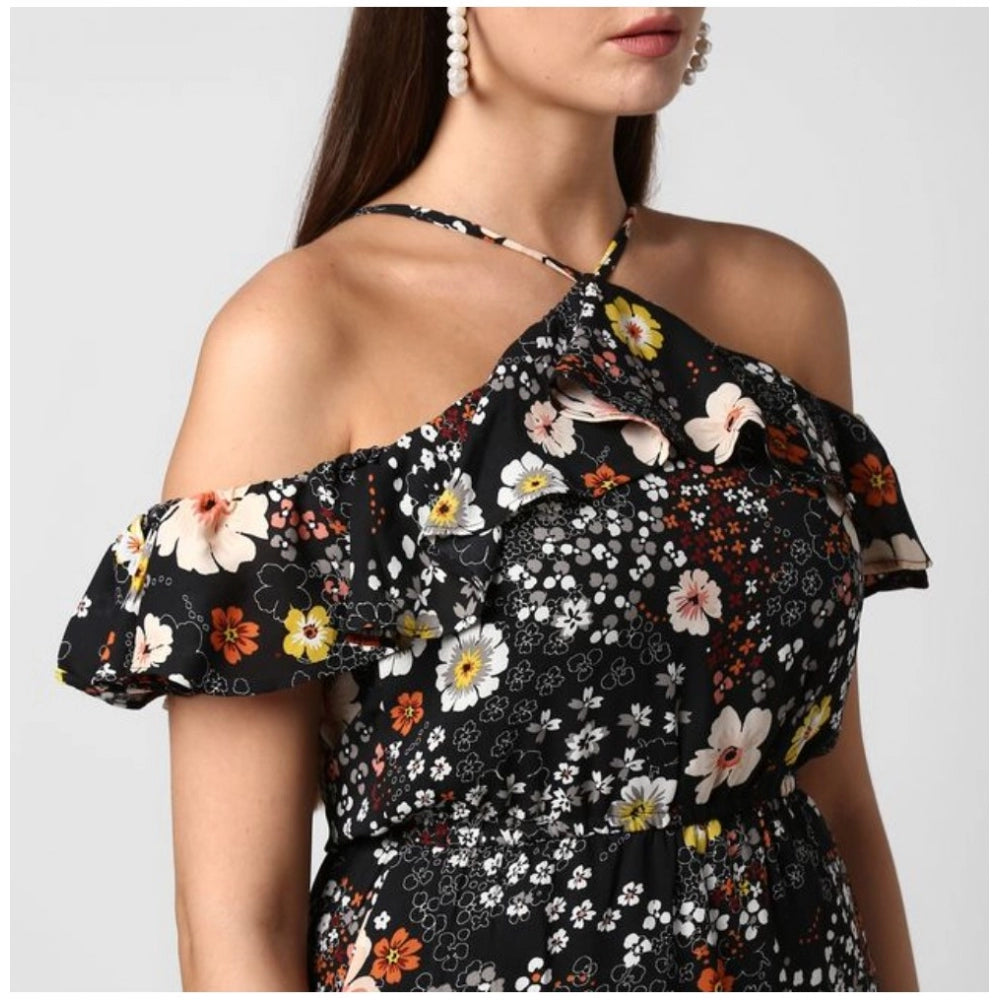 Women'S Polyester Floral Cold Shoulder Above Knee Dress (Black