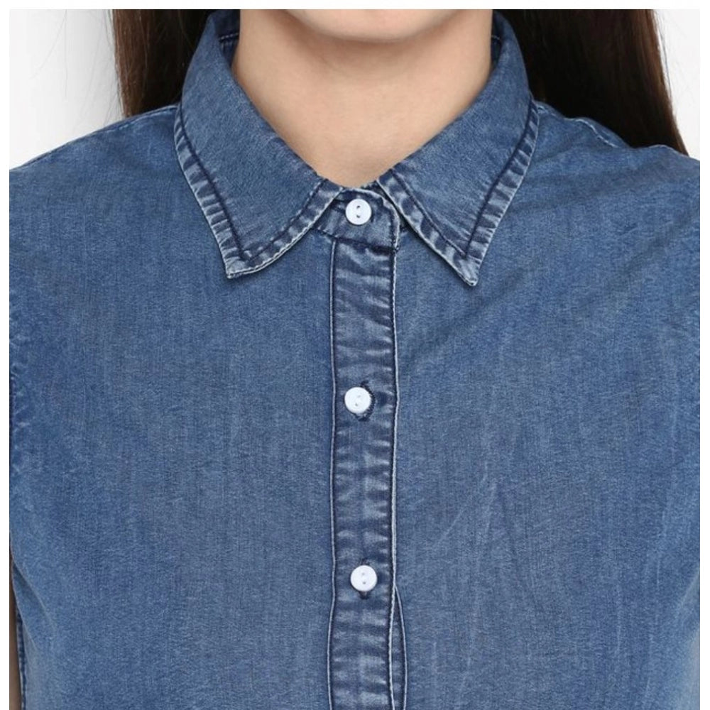 Women'S Denim Solid Sleeveless Above Knee Dress (Blue)