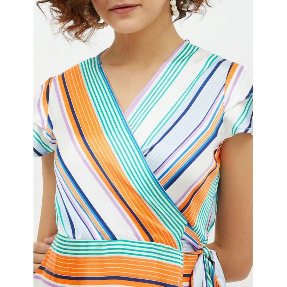 Women'S Satin Striped Short Sleeve Knee-Length Dress (Multicol