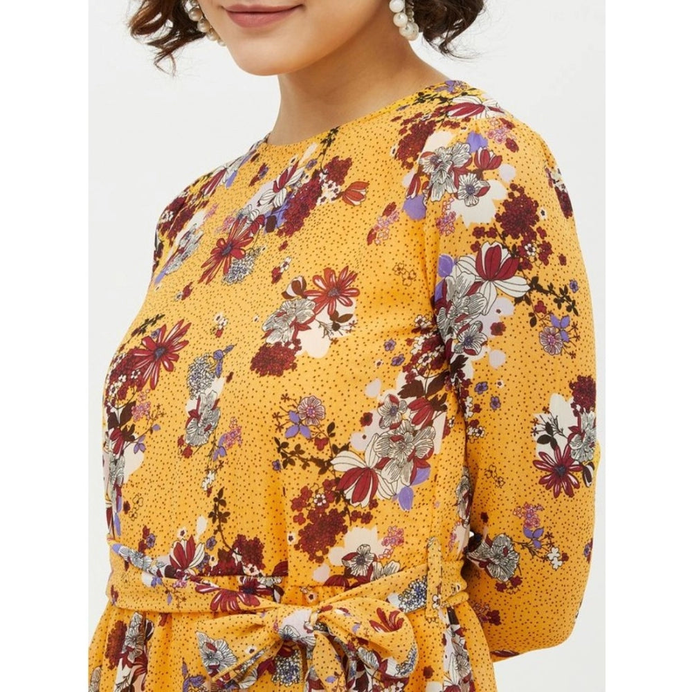 Women'S Polyester Floral Long Sleeves Calf-Length Dress (Multi
