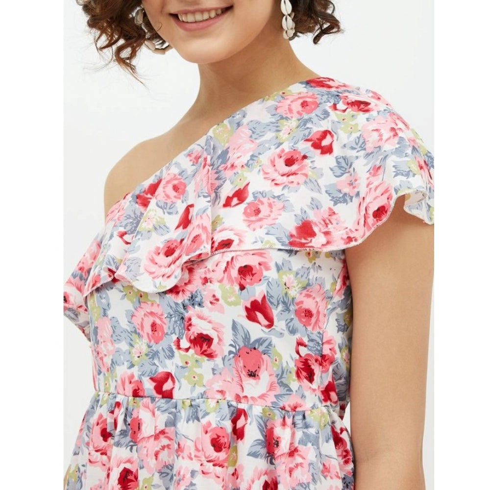 Women'S Polyester Floral One Shoulder Calf-Length Dress (Multi