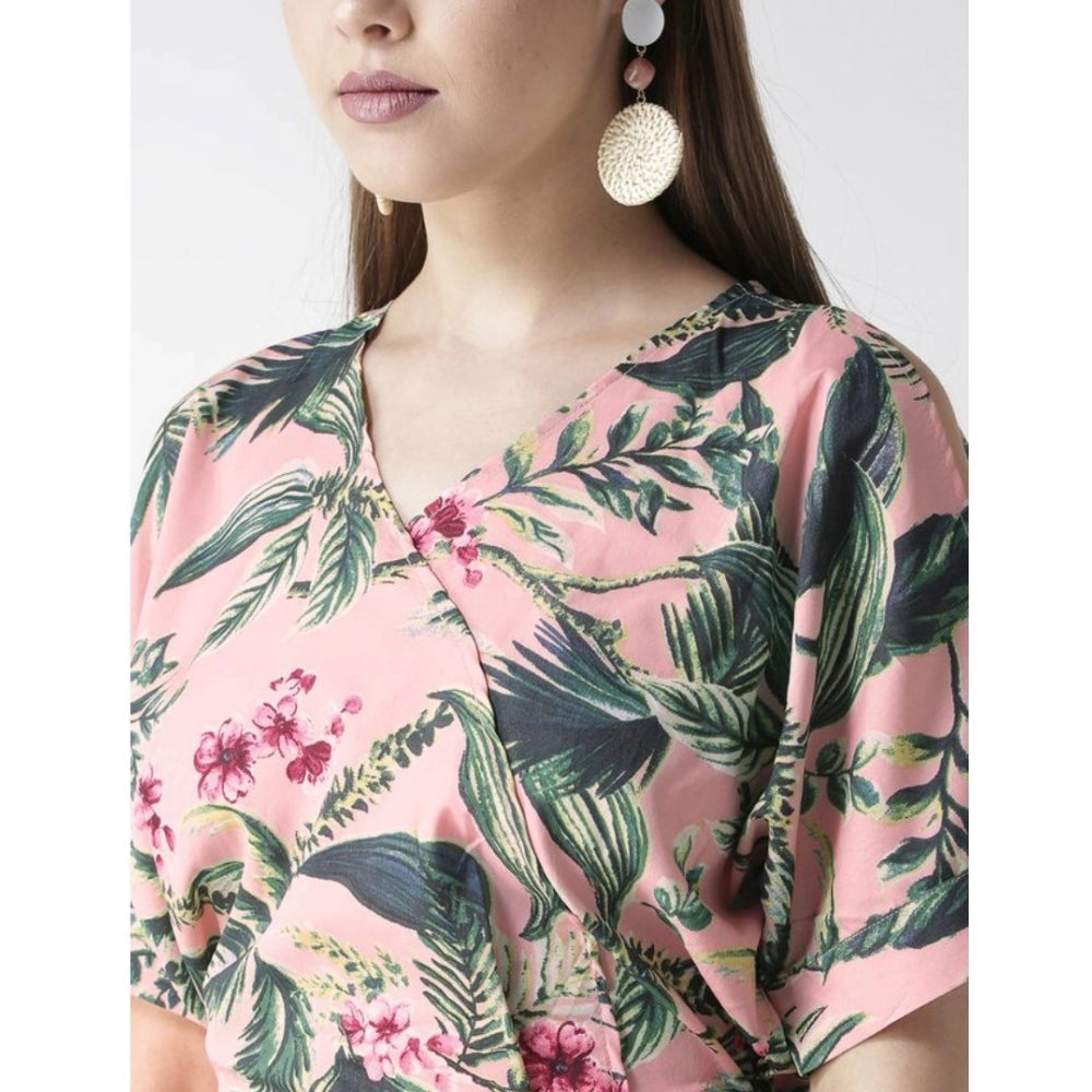 Women'S Polyester Floral Half Sleeve Jumpsuit (Pink)