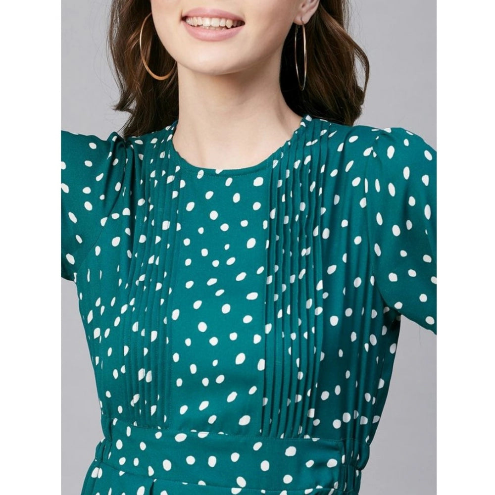 Women'S Polyester Polka Long Sleeves Above Knee Dress (Green