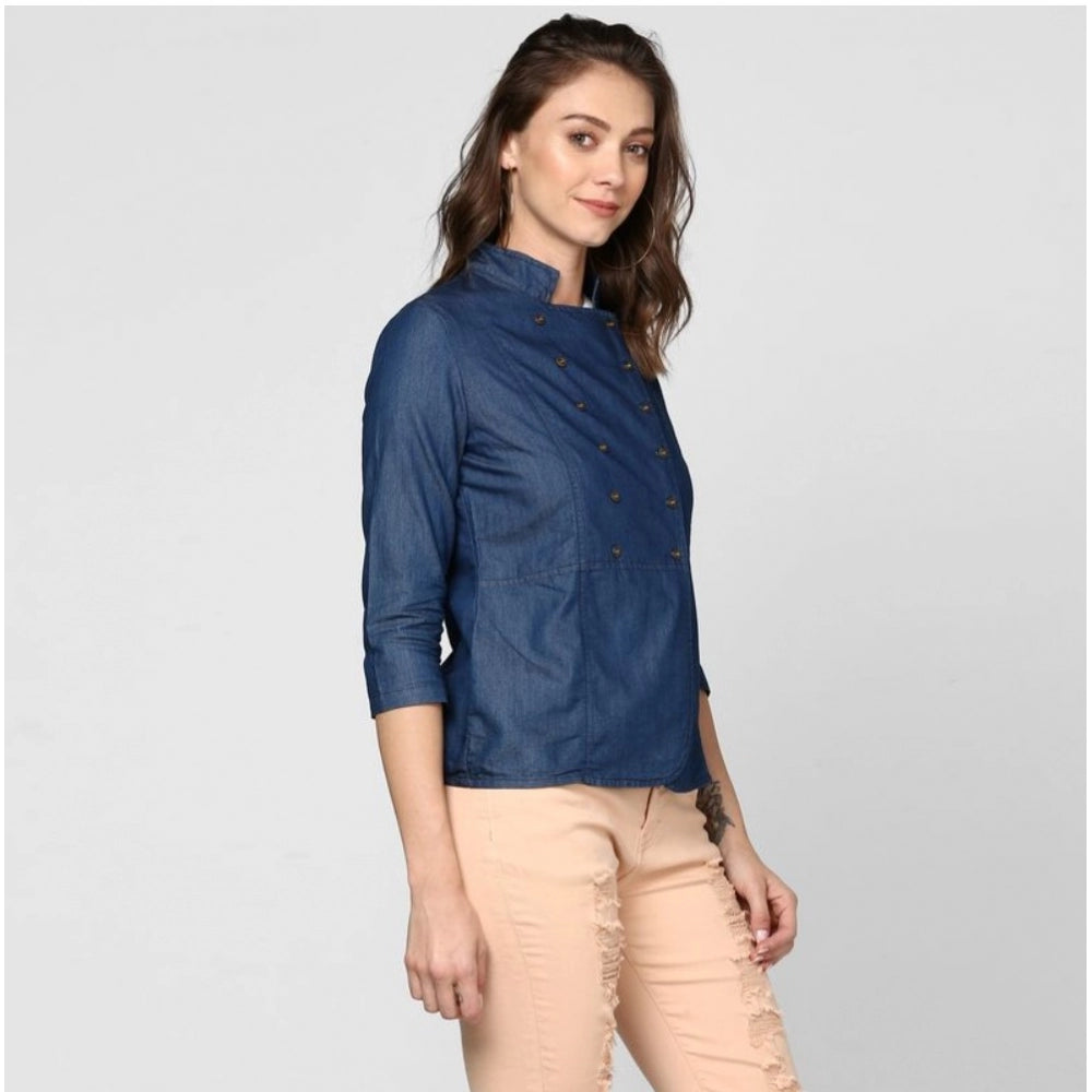 Women'S Denim Solid 3-4Th Sleeves Top (Blue)