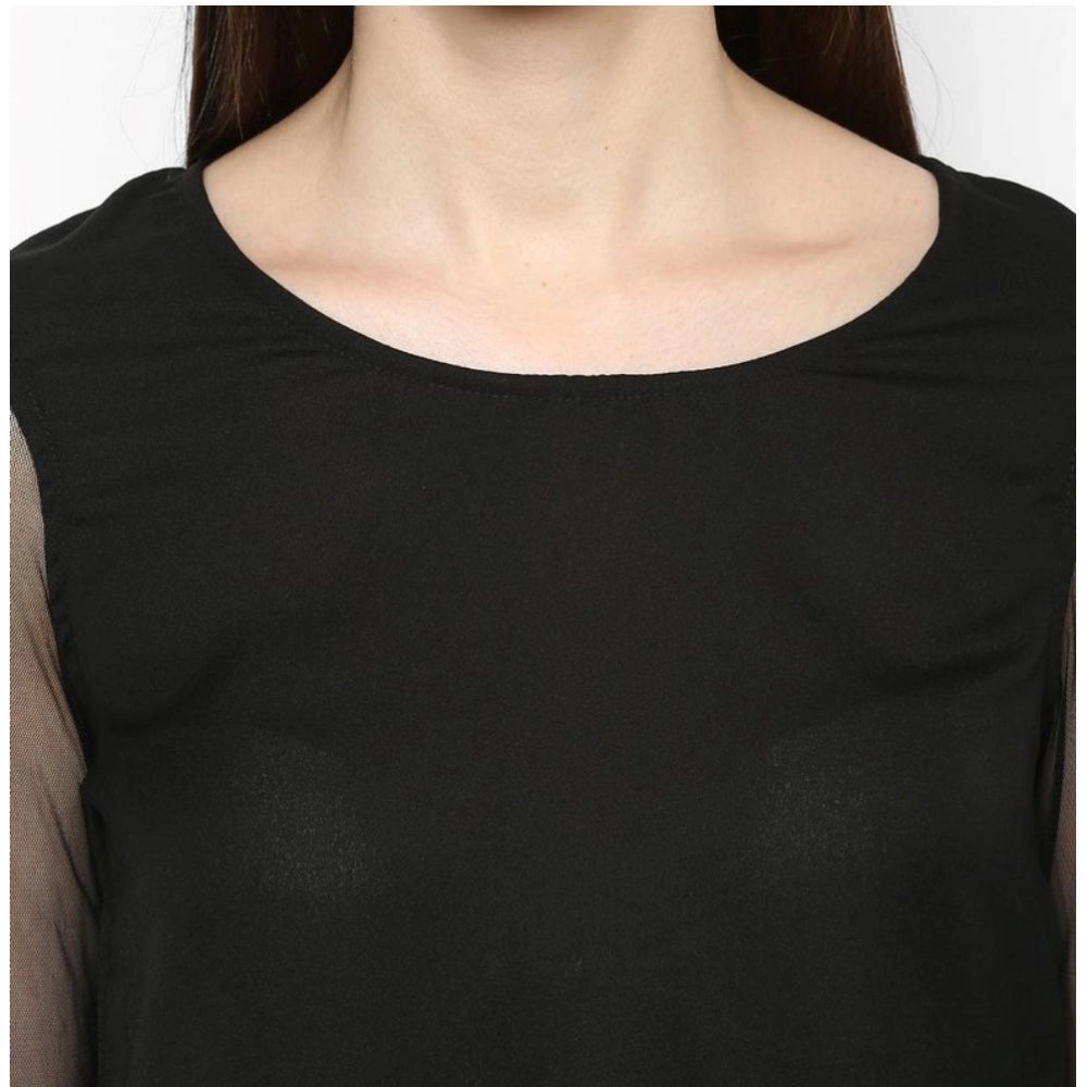 Women'S Polyester Solid Tier Sleeve Top (Black)