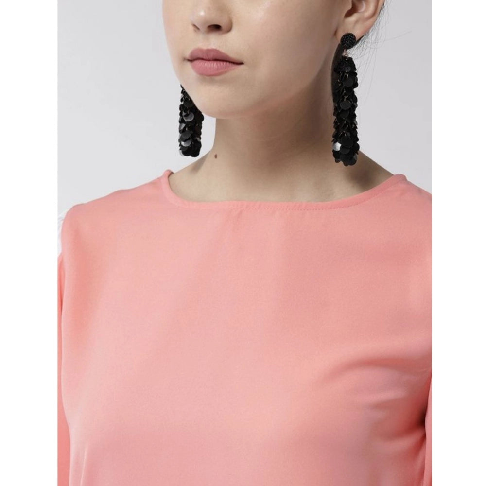 Women'S Polyester Colour Block Slit Sleeve Top (Pink)