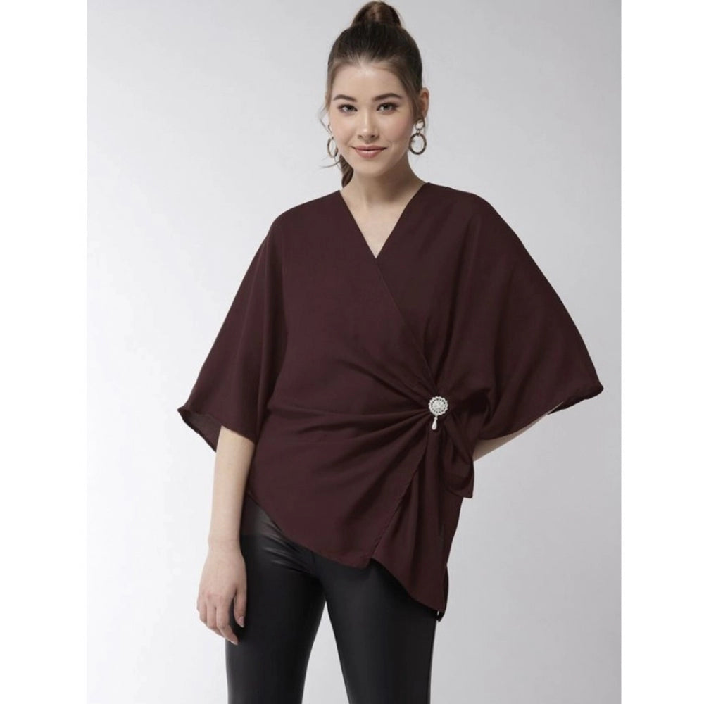 Women'S Polyester Solid Cape Sleeve Top (Maroon)
