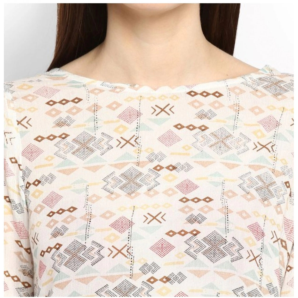 Women'S Rayon Crepe Printed Ruffle Sleeve Top (Off White - Red