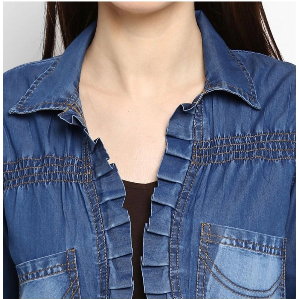 Women'S Denim Pleated 3-4Th Sleeves Shrug (Blue)