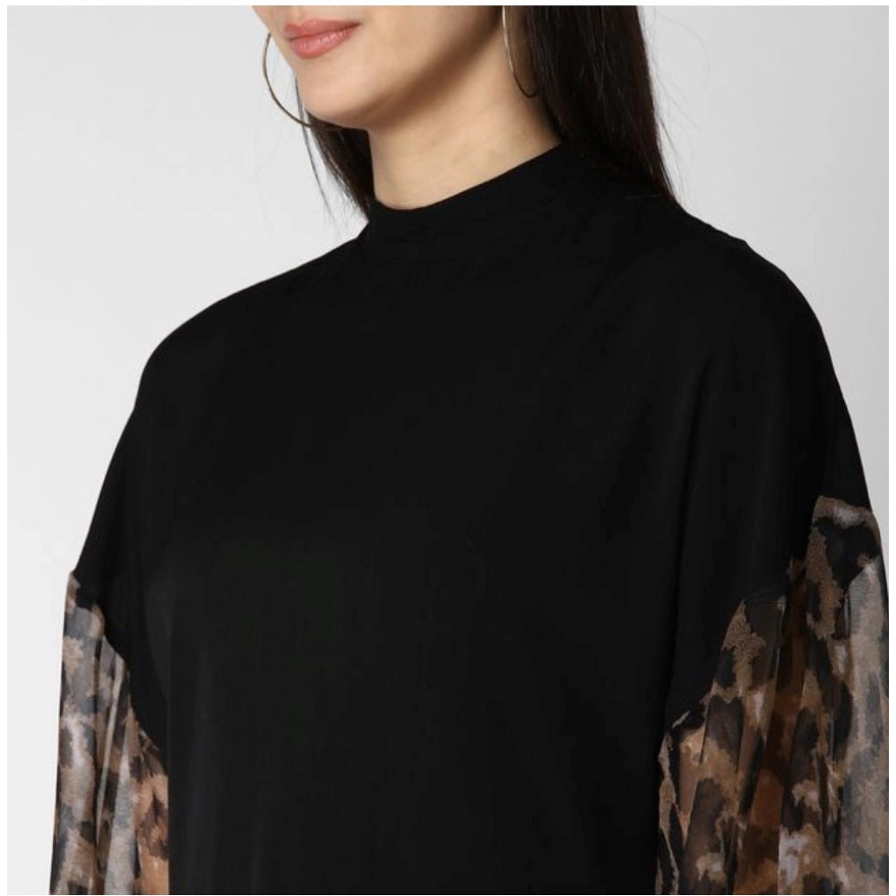 Women'S Polyester Animal Print Long Sleeves Top (Black)