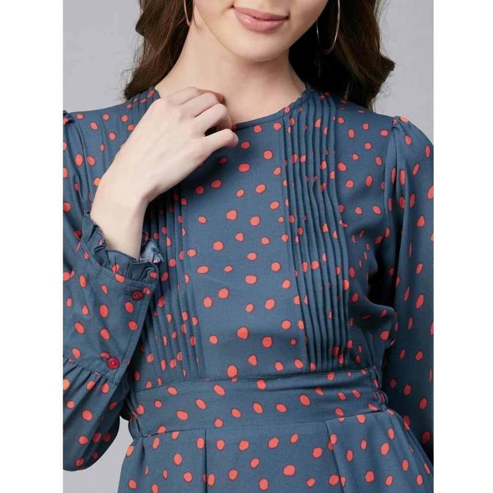 Women'S Polyester Polka Long Sleeves Above Knee Dress (Grey