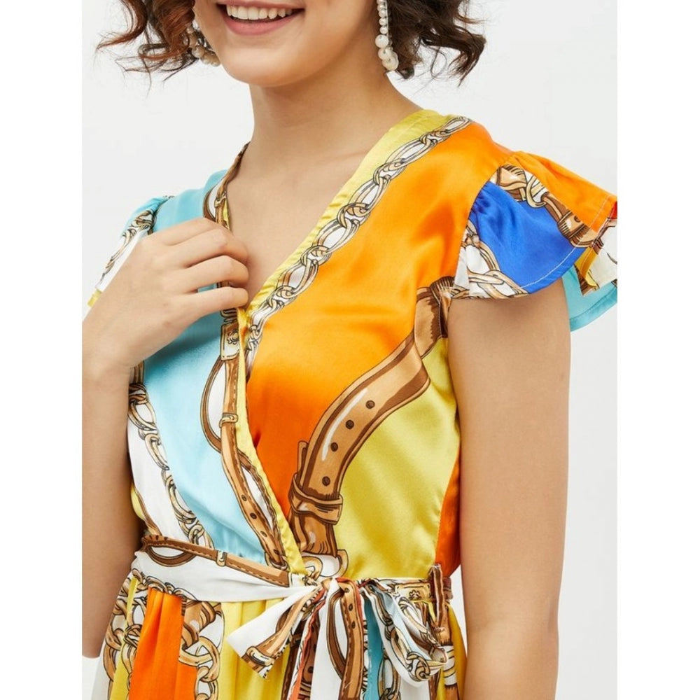 Women'S Satin Chain Print Cap Sleeve Calf-Length Dress (Multic