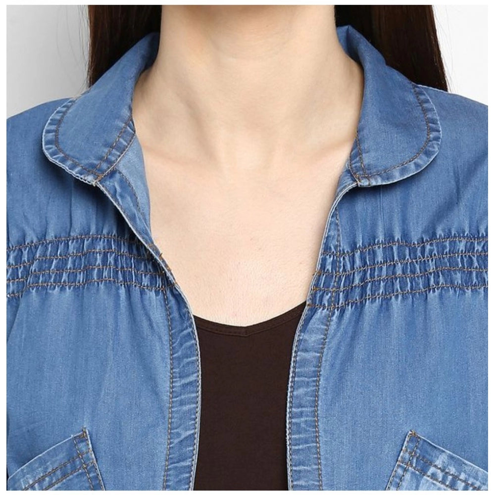 Women'S Denim Smocking 3-4Th Sleeves Shrug (Blue)