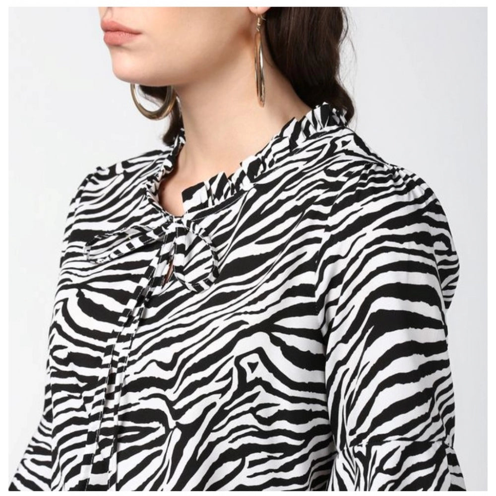 Women'S Polyester Animal Print Bell Sleeve Top (Black - White)