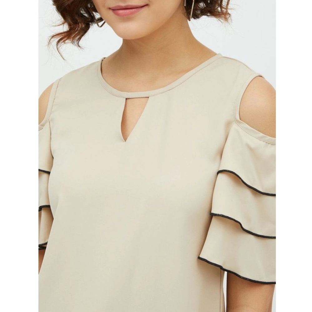 Women'S Polyester Tiered Cold Shoulder Top (Beige)