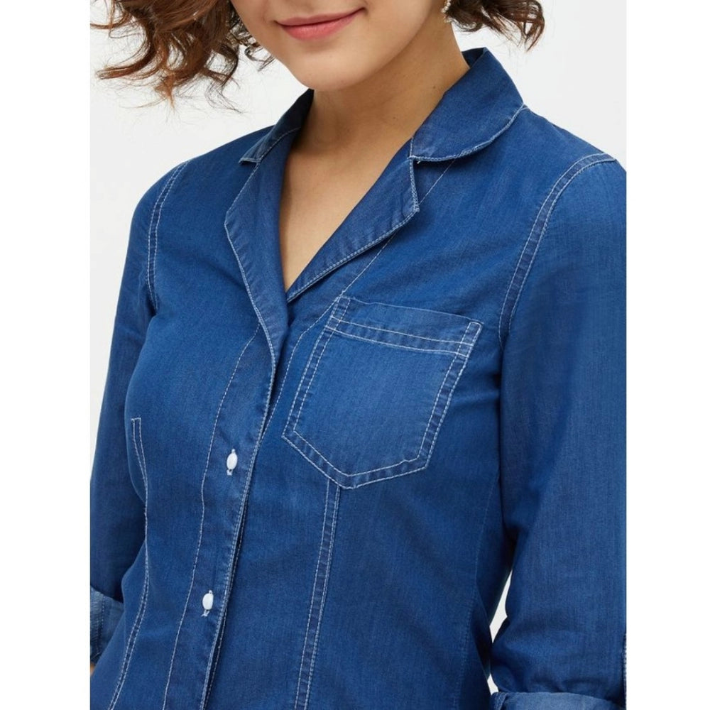 Women'S Denim Solid Long Sleeves Above Knee Dress (Blue)