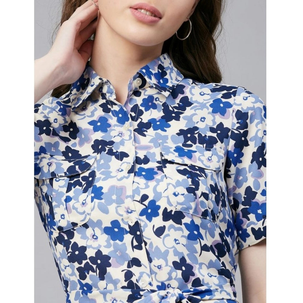 Women'S Polyester Floral Short Sleeve Above Knee Dress (Blue
