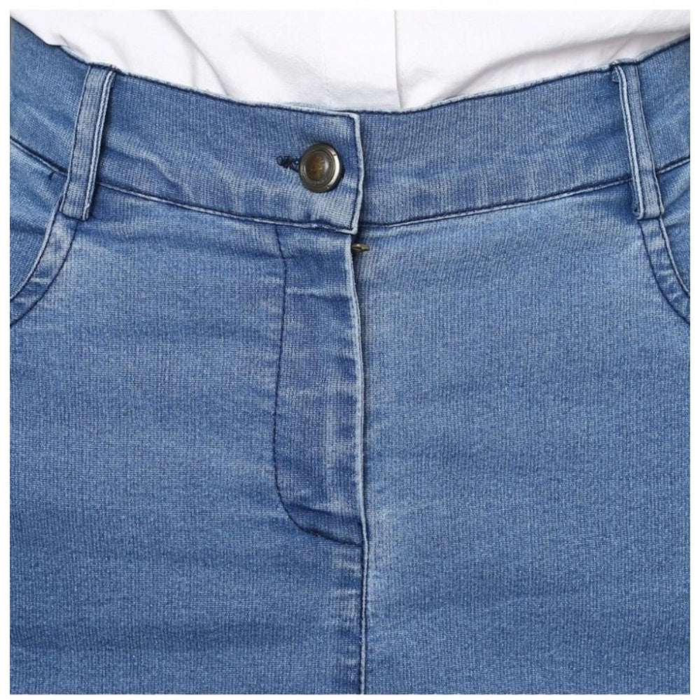 Women'S Denim Washed Buttoned Skirt (Blue)
