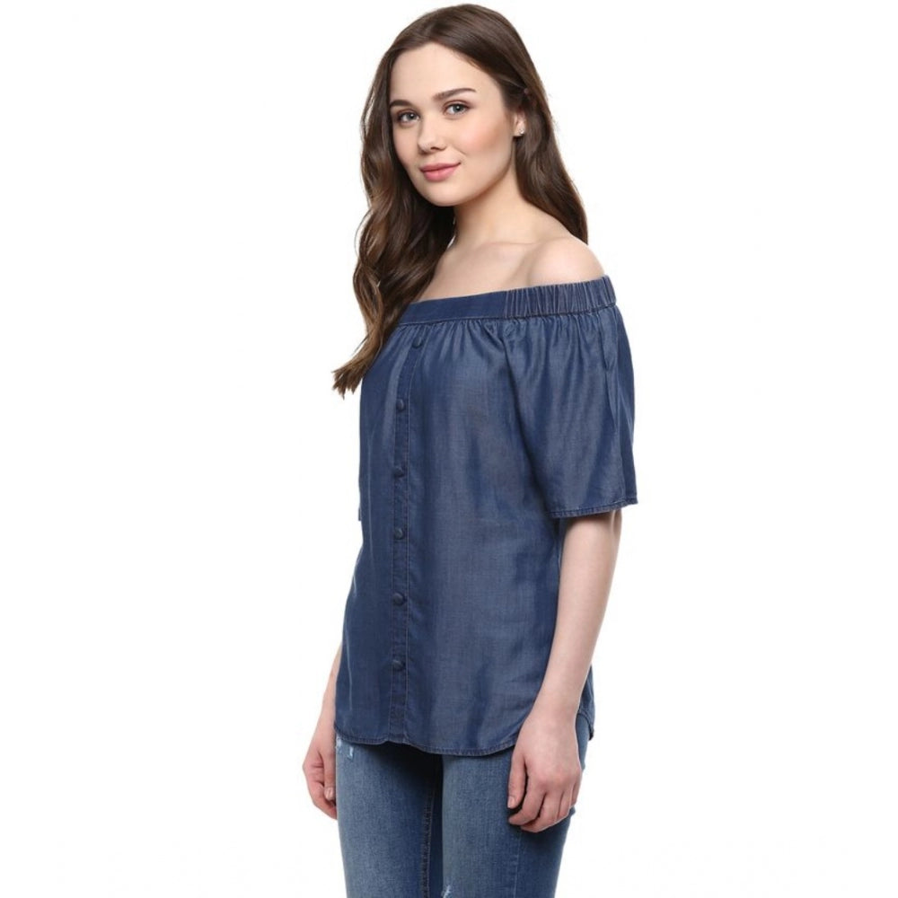Women'S Denim Solid Short Sleeve Regular Top (Blue)