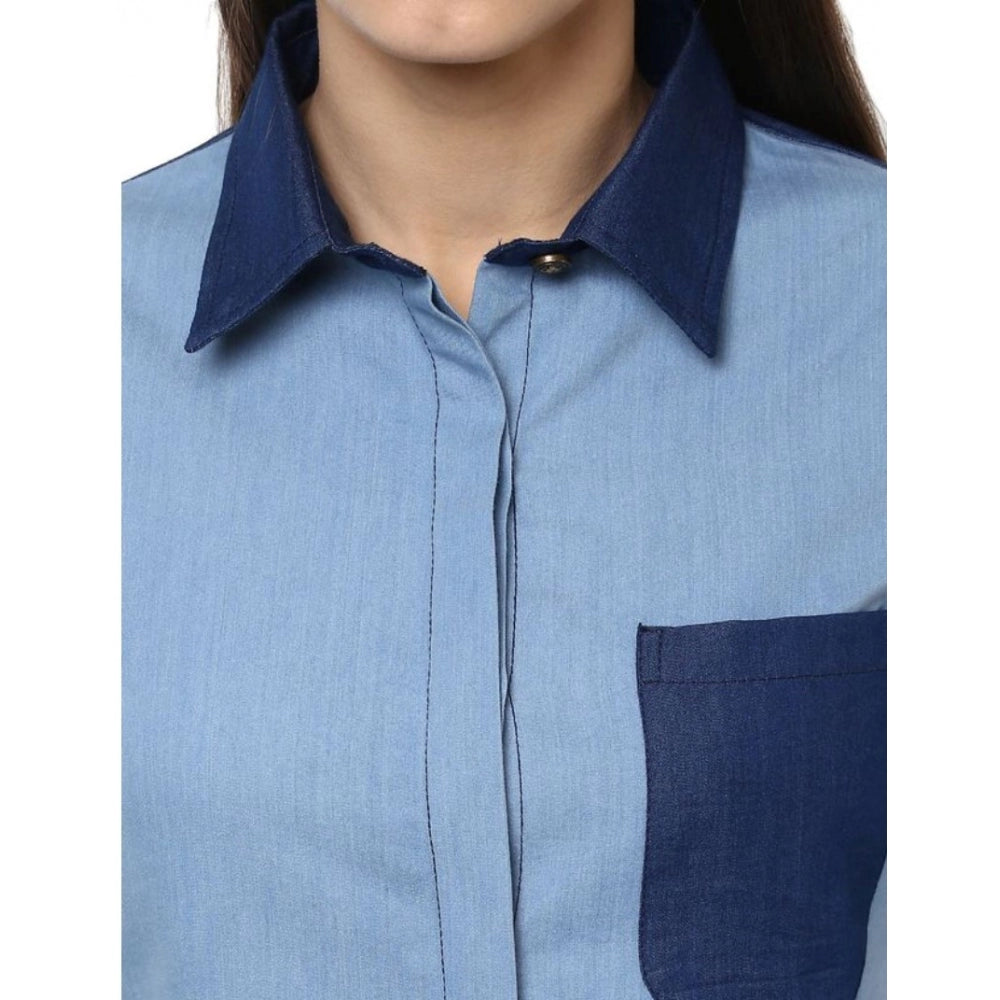 Women'S Denim Patch Work Long Sleeves Regular Top (Blue)