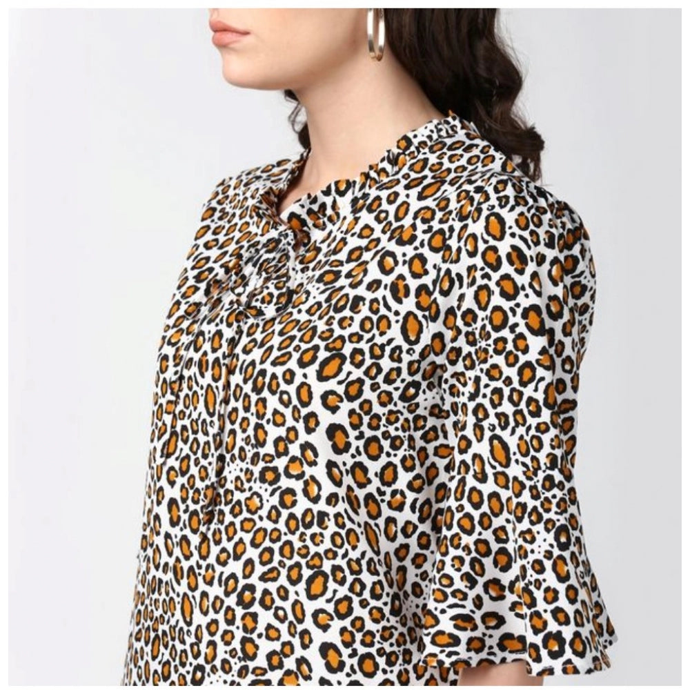 Women'S Polyester Animal Print Bell Sleeve Top (Orange - Black