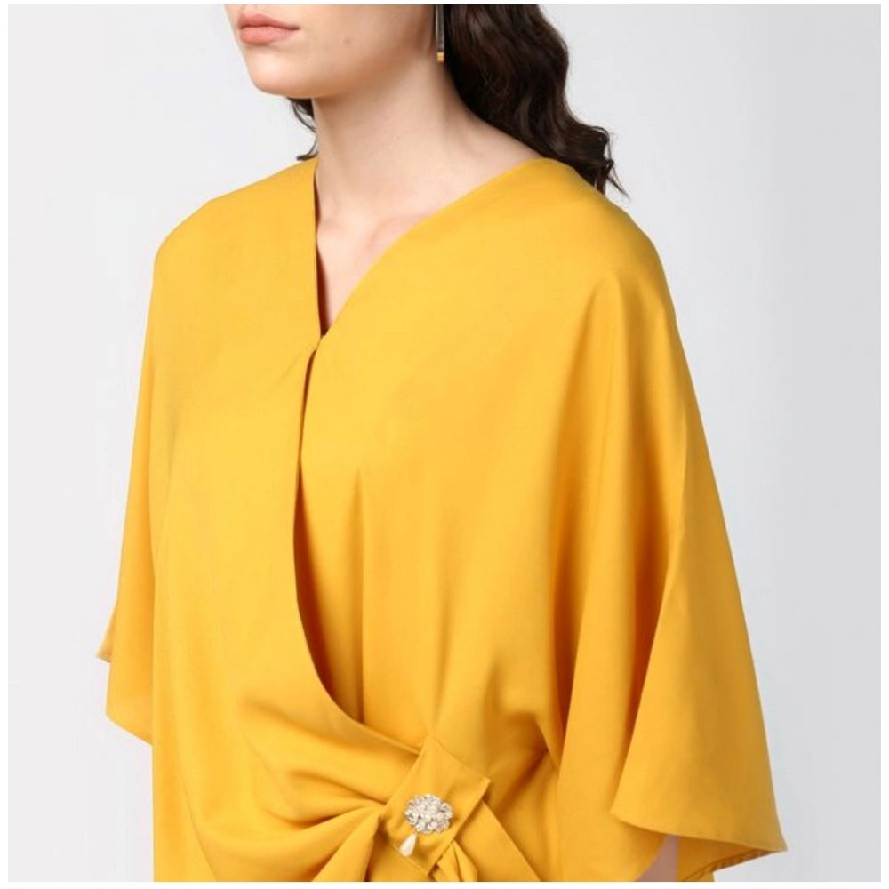Women'S Polyester Solid Cape Sleeve Top (Yellow)