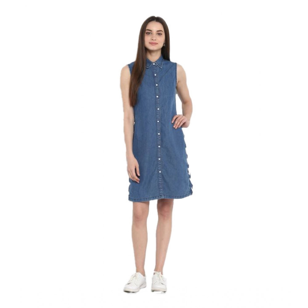 Women's Denim Solid Sleeveless Above Knee Dress (Blue)
