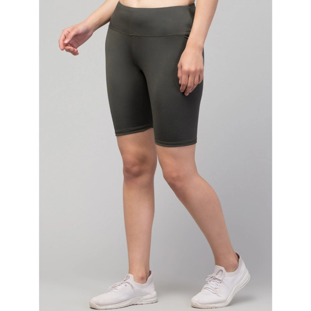 Women'S Polyester Solid Above Knee High-Rise Shorts (Green)