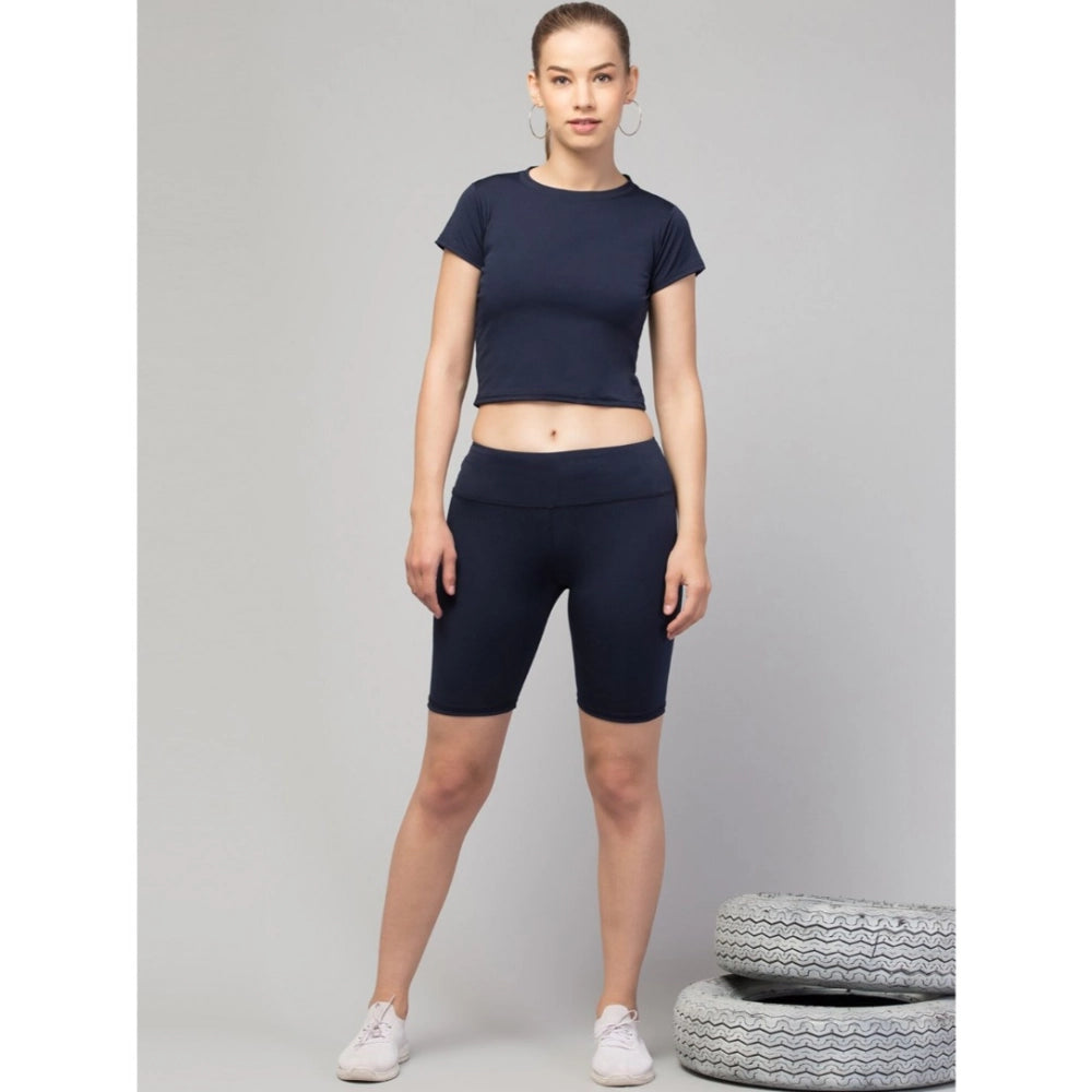 Women'S Polyester Solid Above Knee High-Rise Shorts (Navy)