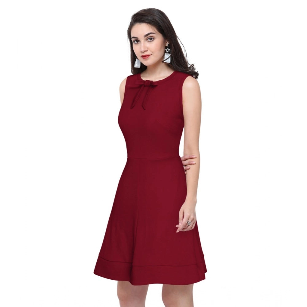 Women'S Polyester Solid Round Neck Sleeveless Dress (Maroon)