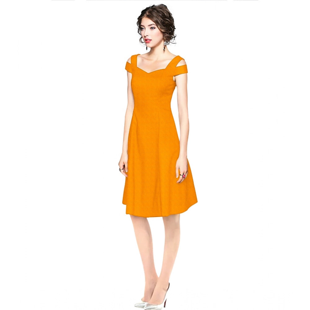 Women'S Polyester Solid V Neck Cap Sleeve Off Shoulder Dress (