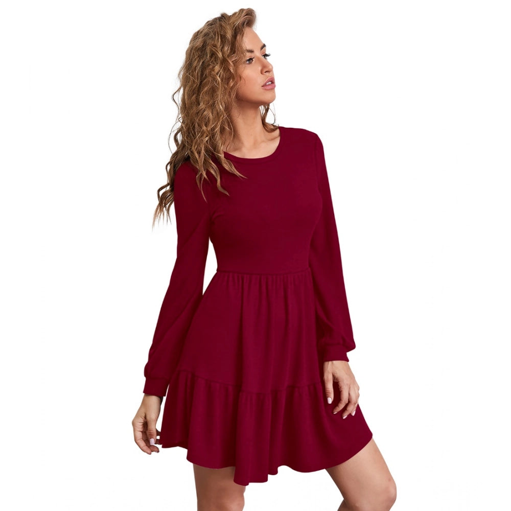 Women'S Knitting Stretchable Solid Round Neck Full Sleeve Dres