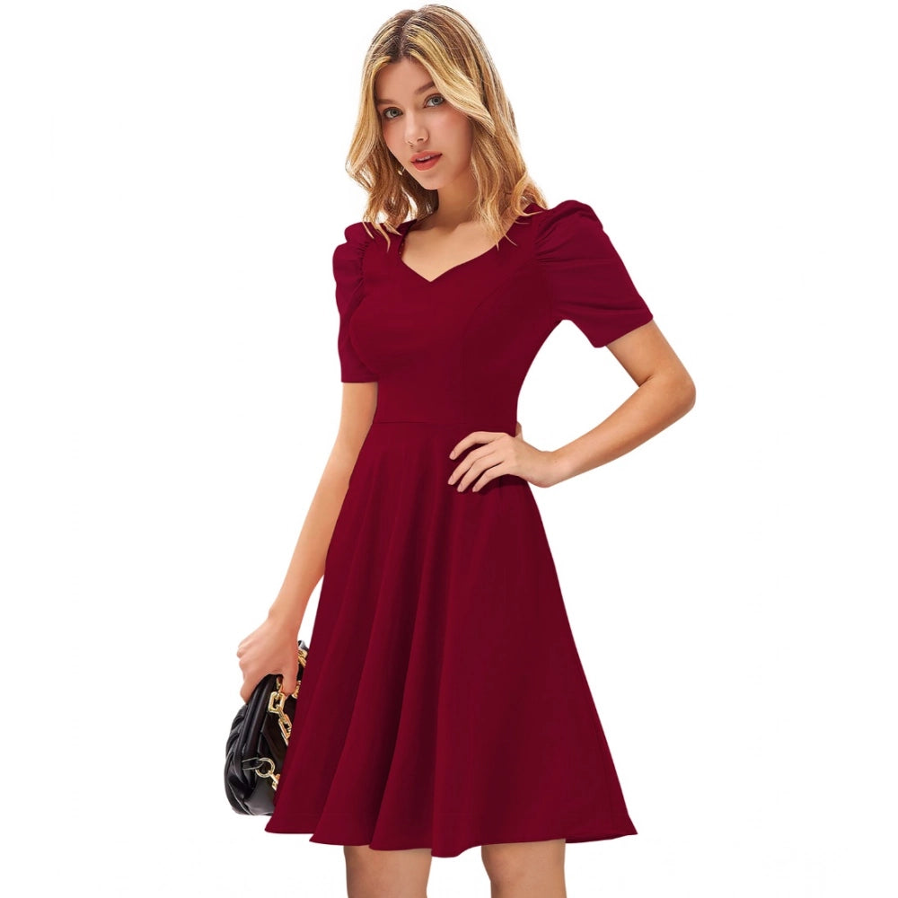 Women's Knitting stretchable Solid V Neck Cap Sleeve Dress - Maroon