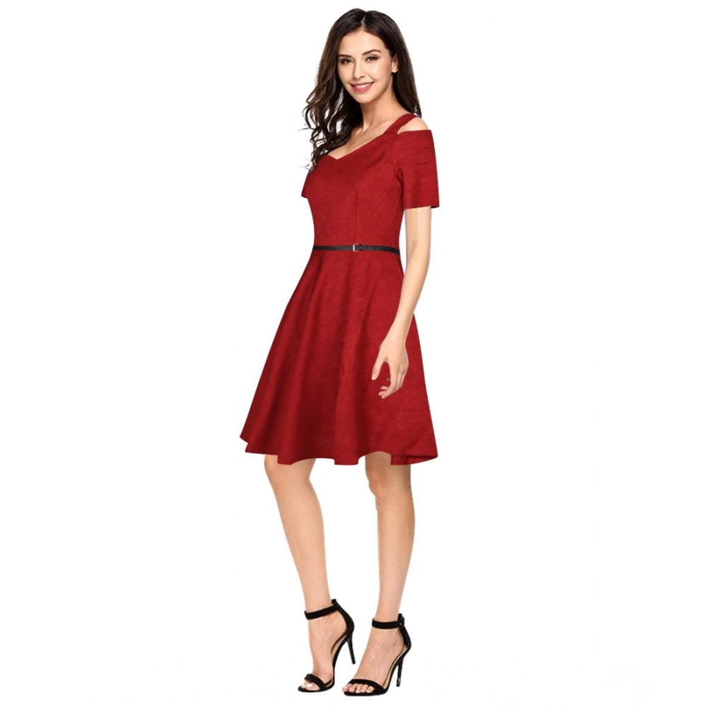 Women'S Polyester Solid V Neck Cap Sleeve Dress (Maroon)