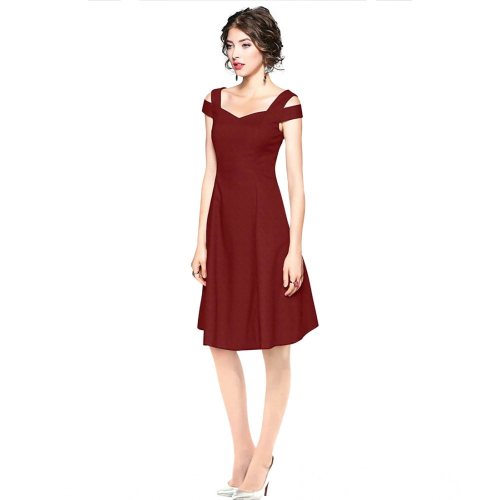 Women'S Polyester Solid V Neck Cap Sleeve Off Shoulder Dress (