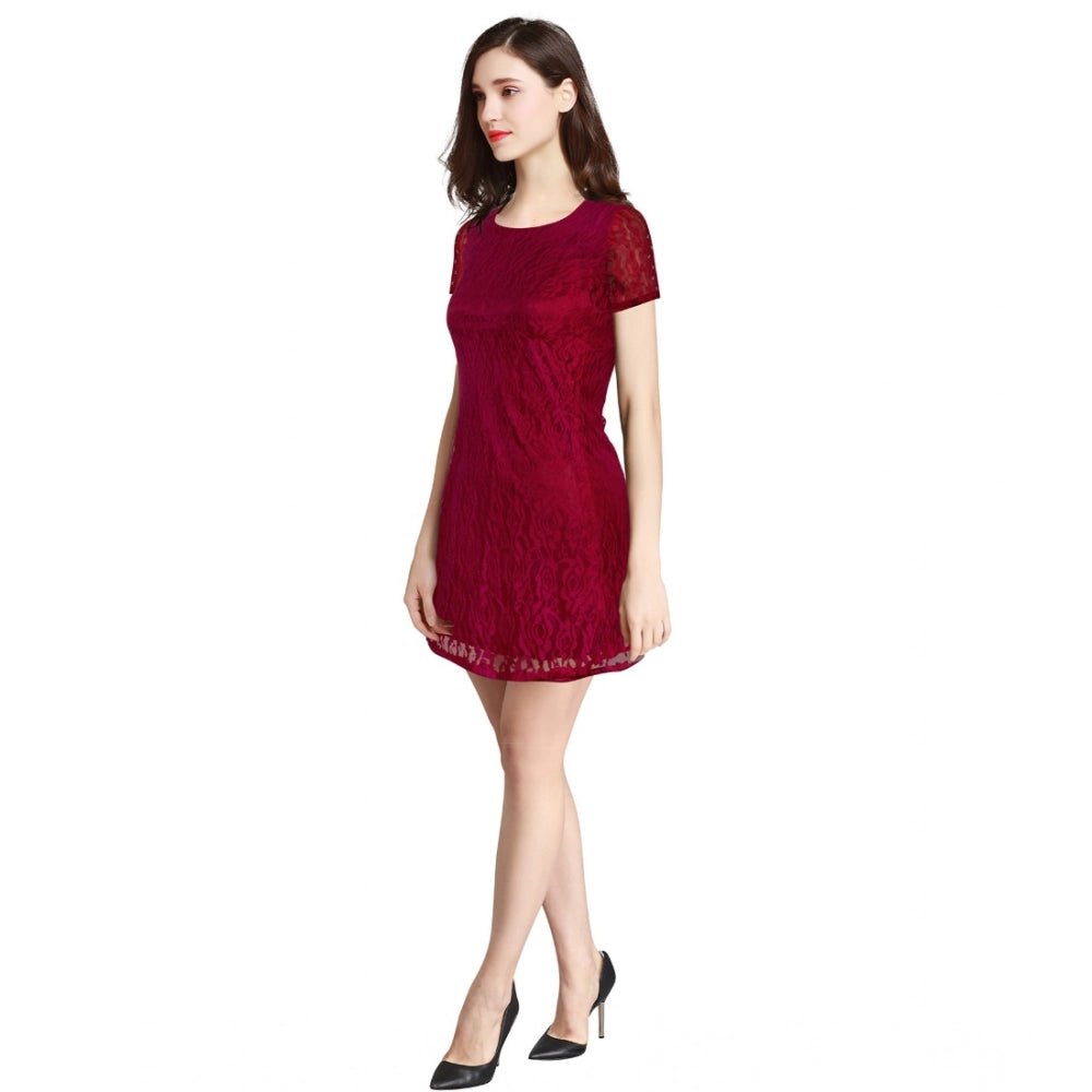 Women'S Rasal Solid Round Neck Cap Sleeve Dress (Maroon)