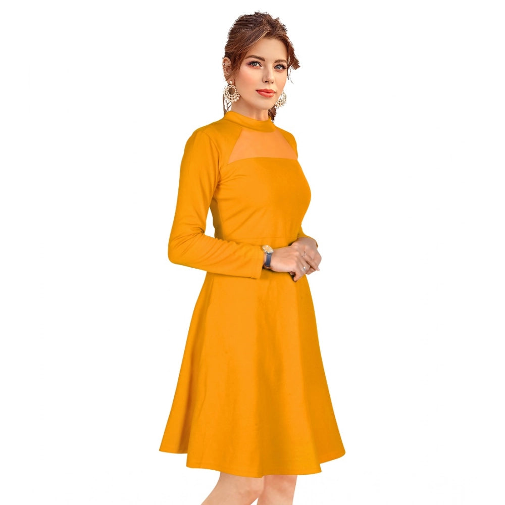 Women's Knitting stretchable Solid Round Neck Full Sleeve Dress (Yellow)