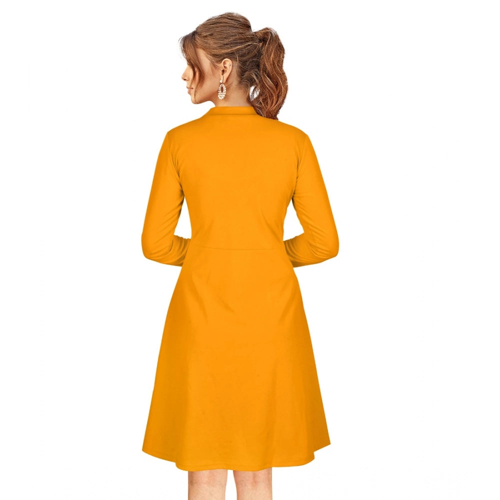 Women's Knitting stretchable Solid Round Neck Full Sleeve Dress (Yellow)