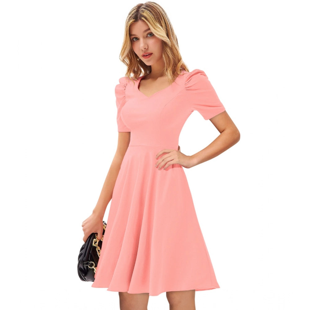 Women'S Knitting Stretchable Solid V Neck Cap Sleeve Dress (Pe