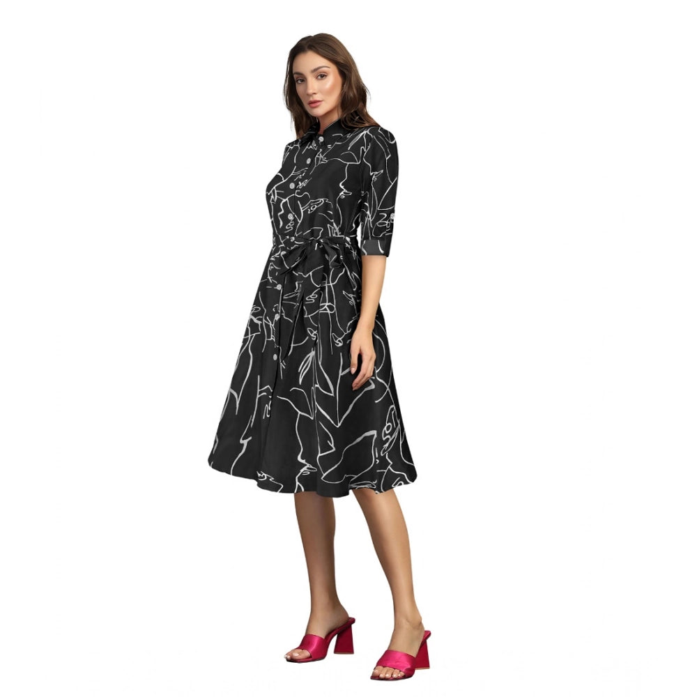 Women'S Ruby Cotton Printed Shirt Collar 3-4Th Sleeve Dress (B
