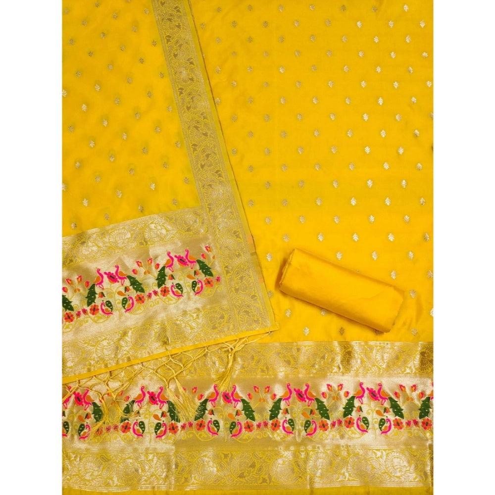 Women's Banarasi Silk Printed Unstitched Salwar Suit Material With Dupatta (Yellow, 3Mtrs) - VANSHELLE