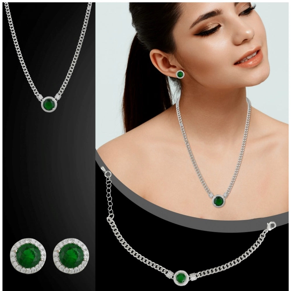 Women'S Stainless Steel Green Color Silver Chain Western Combo