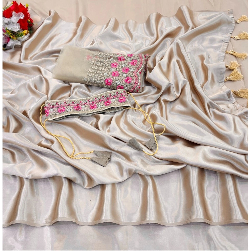 Women'S Satin Solid Saree With Unstitched Blouse (Beige, 5-5 M