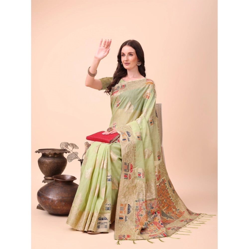Women'S Linen Cotton Printed Saree With Unstitched Blouse 5.5M
