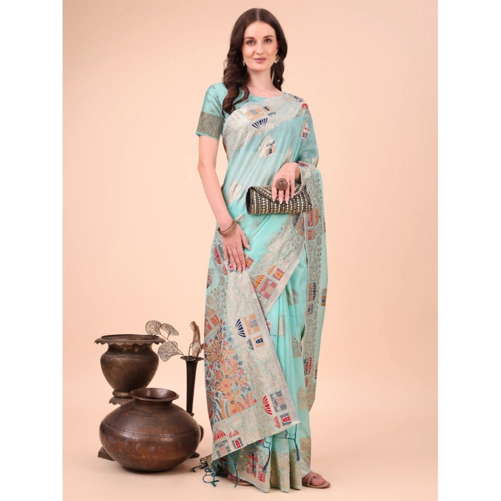Women'S Linen Cotton Printed Saree With Unstitched Blouse 5.5M
