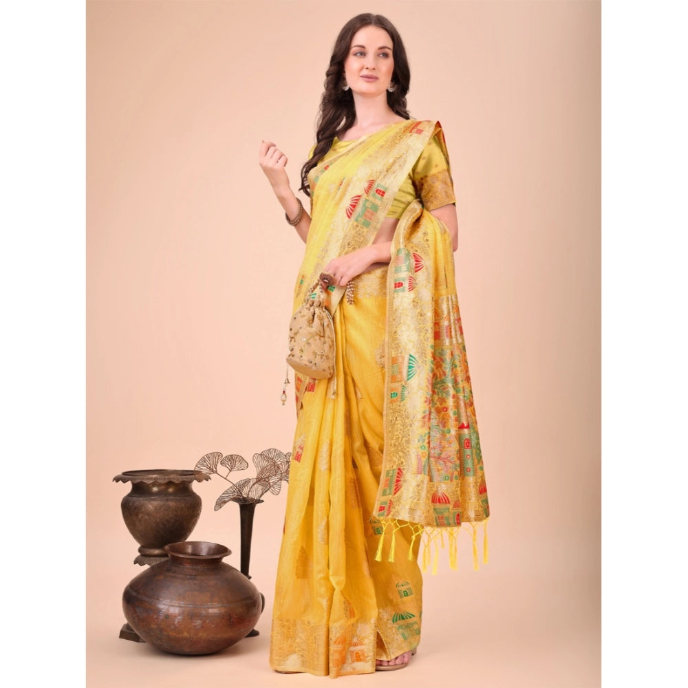 Women'S Linen Cotton Printed Saree With Unstitched Blouse 5.5M